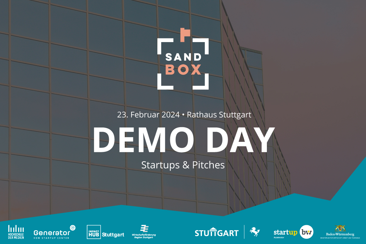 Event-Banner Sandbox Demo Day der zwölften Kohorte. Text: 23. Februar 2024, Rathaus Stuttgart, DEMO DAY, Start-ups, Pitches, www.sandbox-stuttgart.de. Logos: Hochschule der Medien Stuttgart, Generator Startup Center, Hochschule der Medien, Stadt Stuttgart, Wirtschaftsförderung Region Stuttgart, Start-up BW, Wirtschaftsministerium Baden-Württemberg.