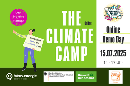 Key Visual “The Climate Camp” mit dem Text: The climate camp online. Ideen, Projekt, Startups; Online-Demo Day 15.07.2025, 14 - 17 Uhr.