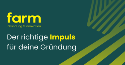 Visual für die IMPULSE-Vortragsreihe mit Logo des Konstanzer Gründungsnetzwerks farm. Text: Der richtige Impuls für deine Gründung.