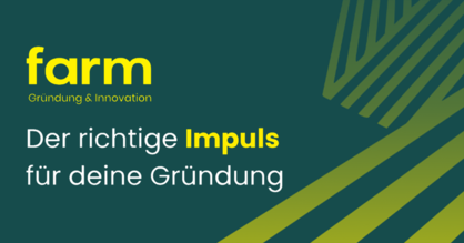 Visual für die IMPULSE-Vortragsreihe von der farm Konstanz. Text: Der richtige Impuls für deine Gründung 