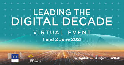 Veranstaltungsflyer: Leading the Digitale Deacde - Virtual Event 1 and 2 June 2021. Eine Veranstaltung im Rahmen von #DigitalEU30.