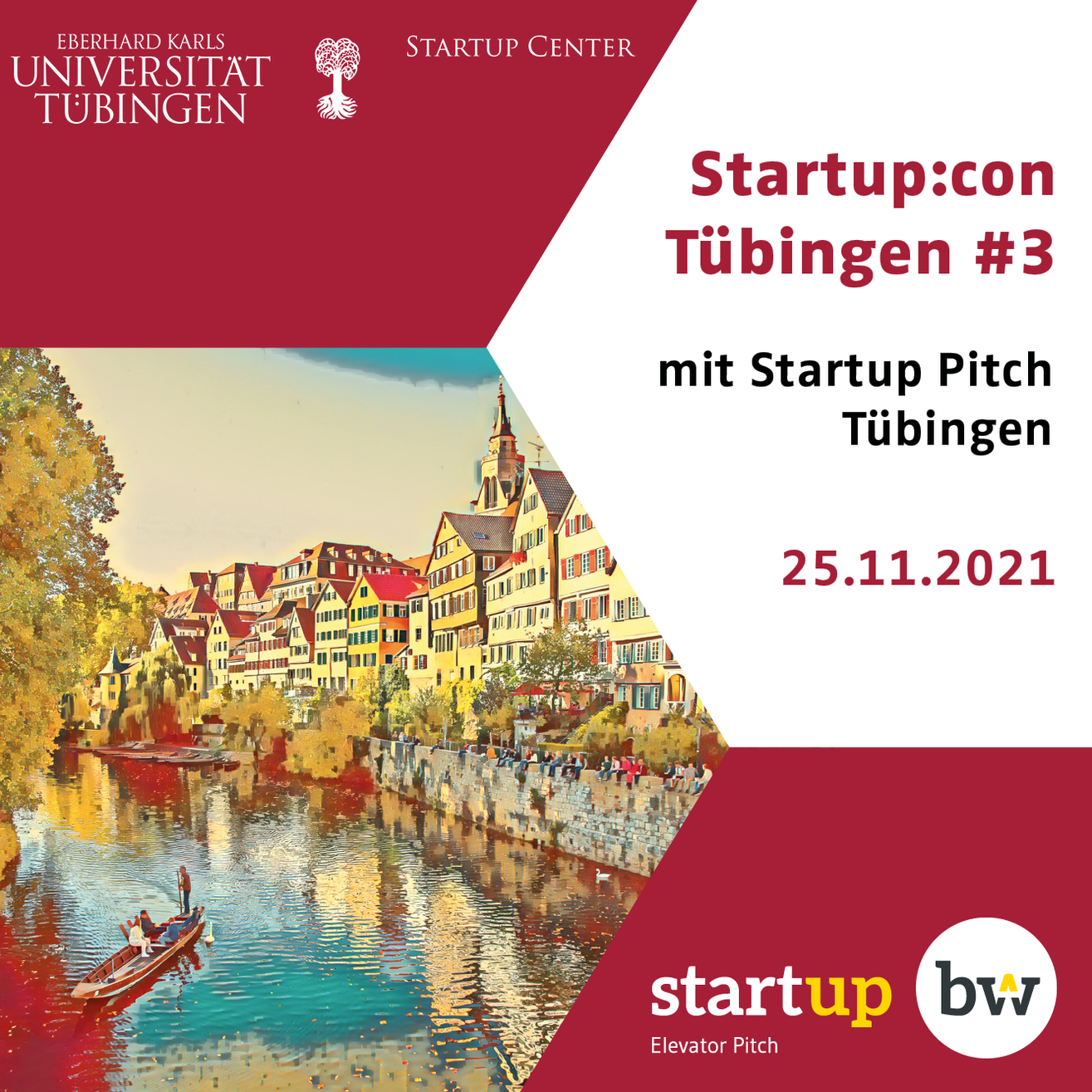 Termin-Kachel für den Startup Pitch Tübingen am 25.11.2021. Ein Bild von antiken Häuserfronten in Tübingen. Verlinkung zu https://www.startupbw.de/news/meldungen/wheyfinery-gewinnt-den-startup-pitch-tuebingen/