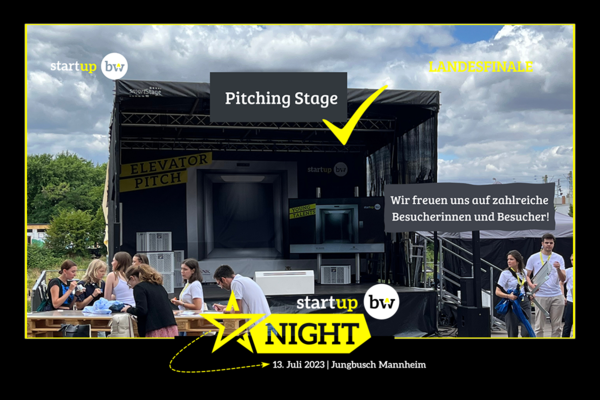Fotoaufnahme von der Pitching Stage der Start-up BW Night 2023 in Mannhei. Text: Wir freuen uns auf zahlreiche Besucherinnen und Besucher!