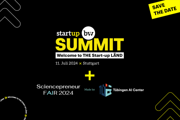 Key Visual für den Start-up BW Summit 2024. Text: SAVE THE Date, Start-up BW Summit 11. Juli 2024, Stuttgart. Logos: Start-up BW, Sciencepreneur FAIR 2024, Tübingen AI Center.