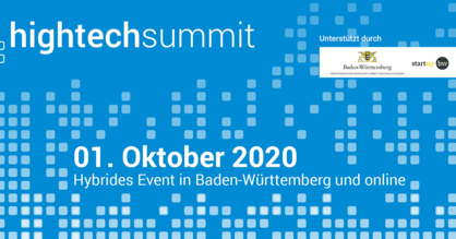 Einladung zum hybriden Event Hightech Summit der bwcon am 1. Oktober 2020. Blauer Hintergrund mit weißer Schrift.