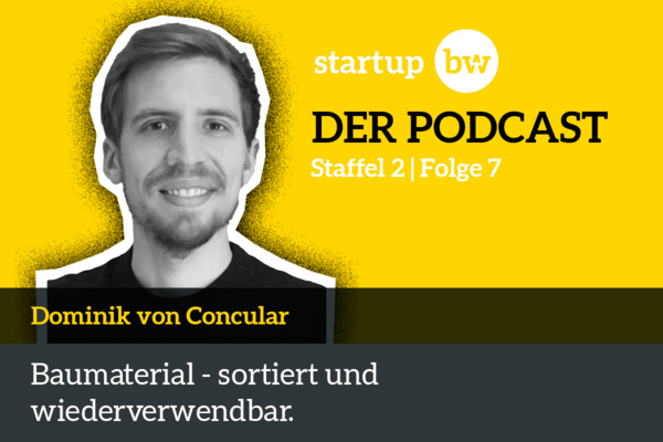Ankündigung der nächsten Folge von Start-up BW - DER PODCAST mit Bild von Gründer Dominik von Concular. Text: Baumaterial - sortiert und wiederverwendbar.