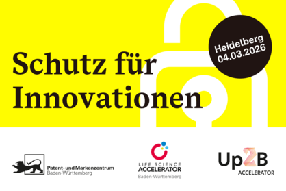 Key Visual zur Roadshow des Patent- und Markenzentrums Baden-Württemberg mit dem Text: Schutz für Innovationen. Heidelberg 04.03.2026