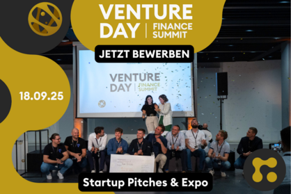 Bewerbungsaufruf für Start-ups zur Teilnahme beim Pitch-Wettbewerb sowie für eine Ausstellungsfläche beim Finance Summit 2025 mit Venture Day in Stuttgart.