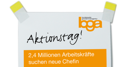 Banner zum Aktionstag "Nachfolge ist weiblich!" am 21.06.2021. Statement: "2,4 Millionen Arbeitskräfte suchen neue Chefin"