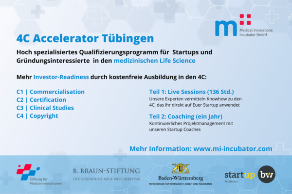 Flyer für den 4C Accelerator Tübingen. Nächster Programmstart ist im April 2022.