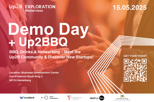 Veranstaltungshinweis für den Demo Day zum Up2B Exploration Masterclass und dem Up2BBQ am 15.05.2025 im Business Development Center in Heidelberg.