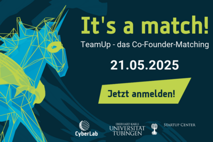 Veranstaltungsflyer: zwei gezeichnete Einhörner auf blauem Hintergrund mit folgendem Text: It’s a match! TeamUp - das Co-Founder Matching - 21.05.2025 - Jetzt anmelden!