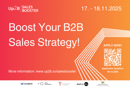 Veranstaltungshinweis für das Intensivprogramm Up2B Sales Booster am 17. und 18. November 2025. Boost Your B2B Sales Strategy! Application deadline: 28.10.2025.