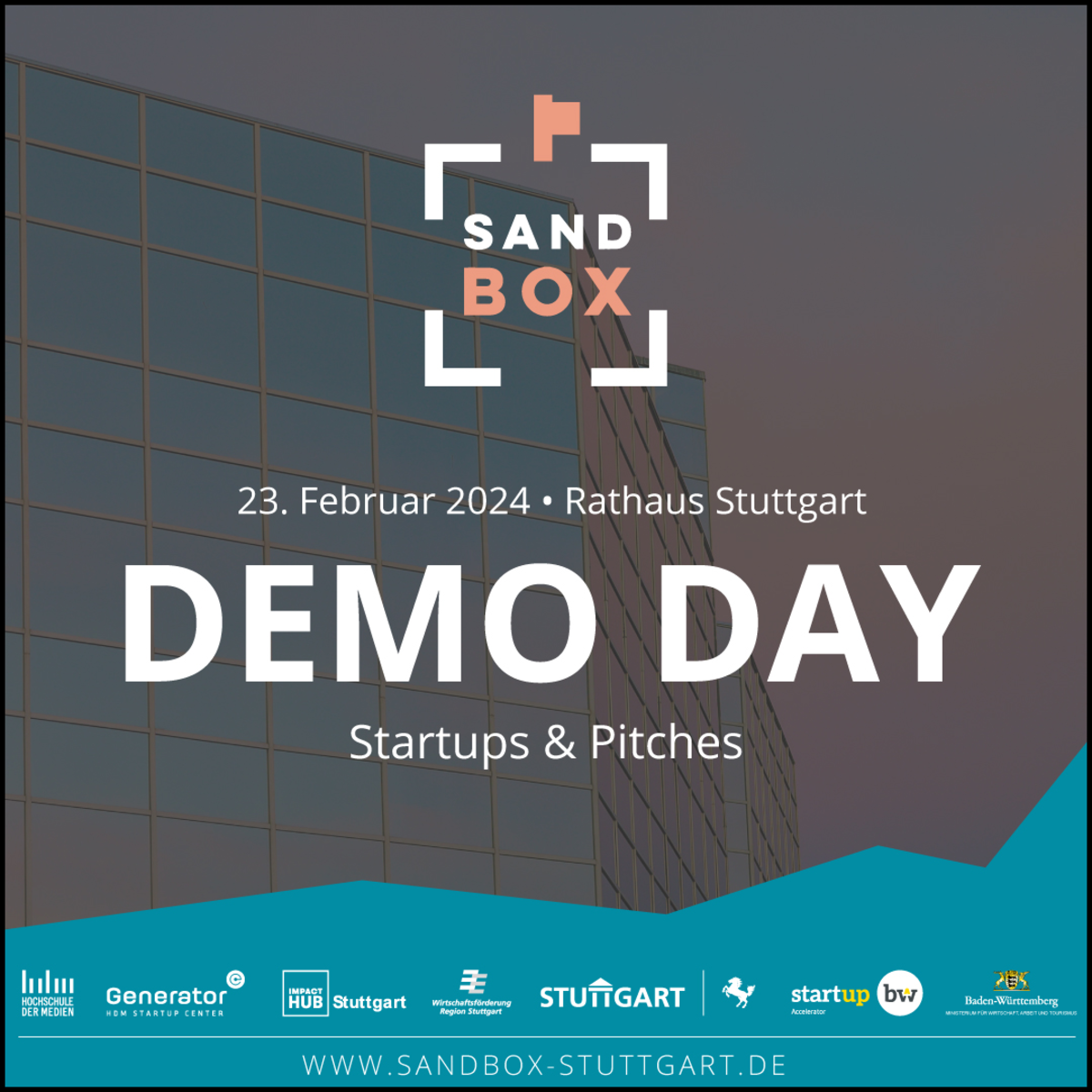 Veranstaltungshinweis mit Flyer: Sandbox Demo Day am 23. Februar 2024. Bild verlinkt zum Nachbericht unter https://www.startupbw.de/the-start-up-laend/news/meldungen/bloom-aus-der-sandbox-gewinnt-den-regional-cup-stuttgart.