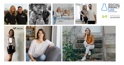 Foto-Collage von Gründerinnen, Gründern und Gründungsteams aus dem Social Impact Lab Stuttgart.