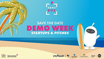 Logo für die Demo Week der Sandbox, dem Accelerator für die Kreativwirtschaft. Save the Date: Demo Week. Startups und Pitches