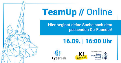 Einladungsflyer zum TeamUp-Event am 16.09.2021. Blaue Schrift auf weißem Hintergrund und Partnerlogos.