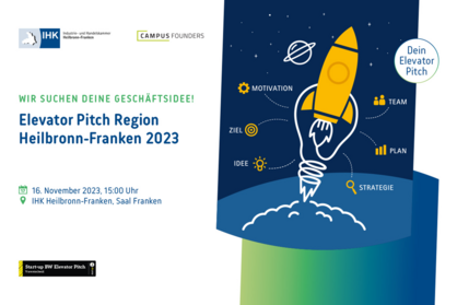 Key Visual für den Elevator Pitch Region Heilbronn-Franken 2023. Text: Wir suchen deine Geschäftsidee! Elevator Pitch Region Heilbronn-Franken 2023, 16. November 2023, 15:00 Uhr, IHK Heilbronn-Franken, Saal Franken, Vorentscheid Start-up BW Elevator Pitch.
