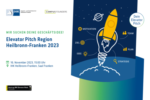 Key Visual für den Elevator Pitch Region Heilbronn-Franken 2023. Text: Wir suchen deine Geschäftsidee! Elevator Pitch Region Heilbronn-Franken 2023, 16. November 2023, 15:00 Uhr, IHK Heilbronn-Franken, Saal Franken, Vorentscheid Start-up BW Elevator Pitch.