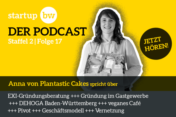 Visual für die 17. Folge der zweiten Staffel von Start-up BW - DER PODCAST mit Anna von Plantastic Cakes. Text: DER PODCAST, Staffel 2, Folge 17, Jetzt hören! Anna von Plantastic Cakes spricht über EXI-Gründungsberatung, Gründung im Gastgewerbe, DEHOGA Baden-Württemberg, veganes Café, Pivot, Geschäftsmodell, Vernetzung.