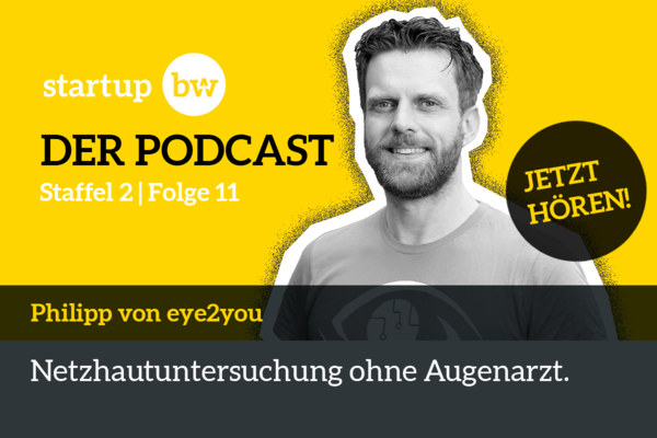 Philipp von eye2you auf dem Flyer für Folge 11 der zweiten Staffel des Start-up BW Podcasts. Text: Netzhautuntersuchungen ohne Augenarzt.
