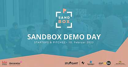 Event-Flyer Sandbox Demo Day mit Logo des Accelerators. Text: Save the Date, Sandbox Demo Day, Startups & Pitches, 10. Februar 2023. Logos: Hochschule der Medien Stuttgart, Generator HDM Startup Center, Stadt Stuttgart, Wirtschaftsförderung Region Stuttgart, Start-up BW, Wirtschaftsministerium Baden-Württemberg