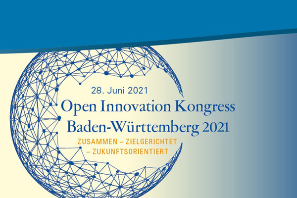 Einladungsflyer für den Open Innovation Kongress Baden-Württemberg 2021. Am 29. Juni 2021 unter dem Motto Zusammen - Zielgerichtet - Zukunftsorientiert. 
