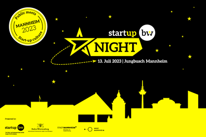 Visual zur Veranstaltung Start-up BW Night am 13. Juli 2023 im Mannheimer Stadtteil Jungbusch. Schwarzer Hintergrund mit gelben Sternen sowie die Umrisse von bekannten Gebäuden in Mannheim. Logos: Start-up BW Night, Start-up BW, Wirtschaftsministerium Baden-Württemberg, Stadt Mannheim und NEXT Mannheim.