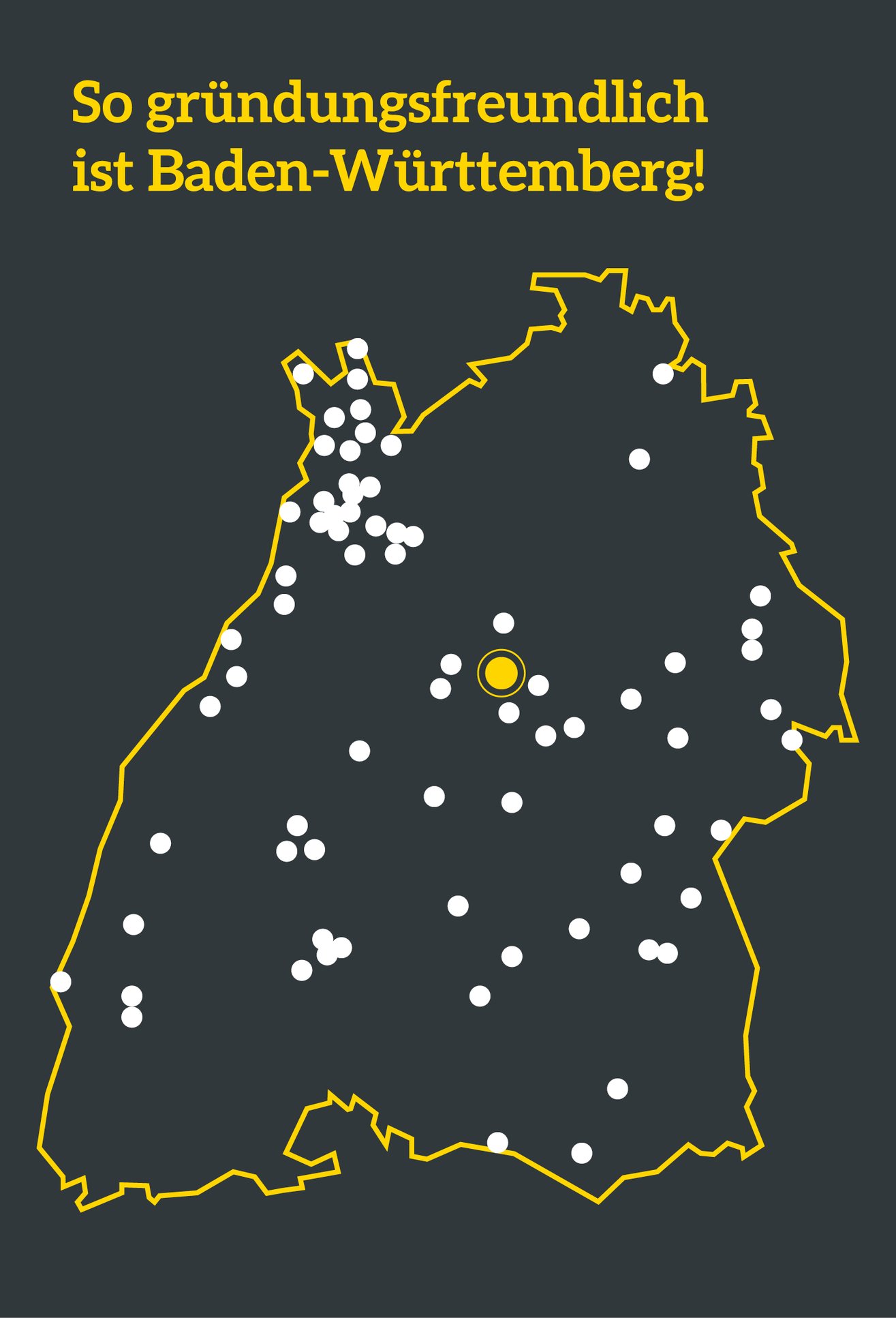 Eine Landeskarte von Baden-Württemberg markiert mit allen gründungsfreundlichen Standorten im Land.