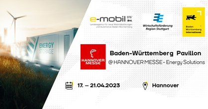 Keyvisual von BW_i für den Baden-Württemberg Pavillon im Ausstellungsbereich "Energy Solutions" auf der Hannover Messe 2023. Logos: BW_i, e-mobil BW, Wirtschaftsförderung Region Stuttgart