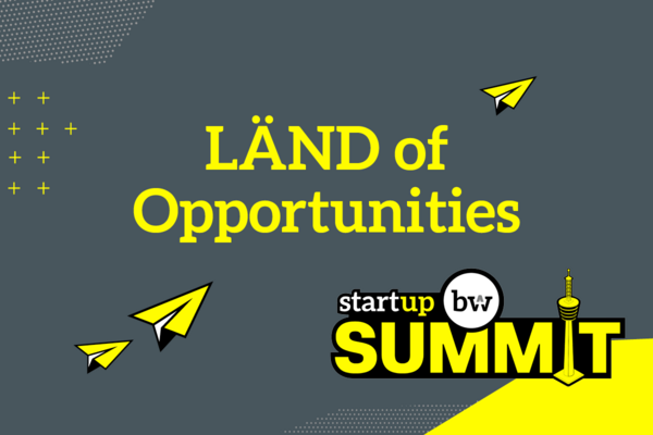 Graue Grafik mit verschiedenen Gestaltungselementen in gelb-schwarz sowie dem Logo für den Start-up BW Summit 2025. In der Mitte steht der Text “LÄND of Opportunities”.