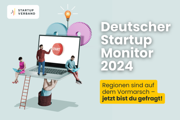 Key Visual für die Befragung des Deutschen Startup Monitors 2024 des Startup Verbands. Text: Regionen sind auf dem Vormarsch - jetzt bist du gefragt!
