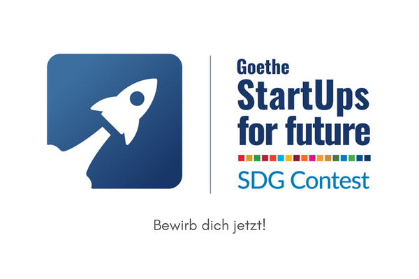 Logo Goethe-Unibators der Goethe Universität Frankfurt mit Bewerbungsaufruf für den SDG Contest. Text: Goethe StartUps for future. SDG Contest. Bewirb dich jetzt!
