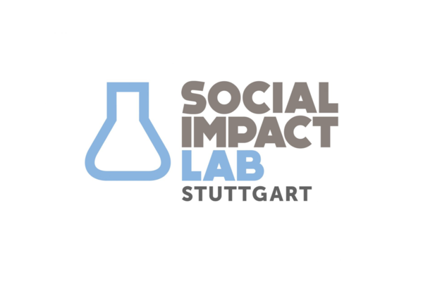 Logo Social Impact Lab. Reagenzglas und Schrift "Social Impact Lab Stuttgart" in grauer und hellblauer Farbe.