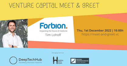 Tim Lohoff von Forbion auf dem Event-Flyer für das nächste Venture Capital Meet and Greet. Logos: DeepTechHub, Heidelberg Startup Partners, Mafinex Gründerverbund Rhein-Neckar