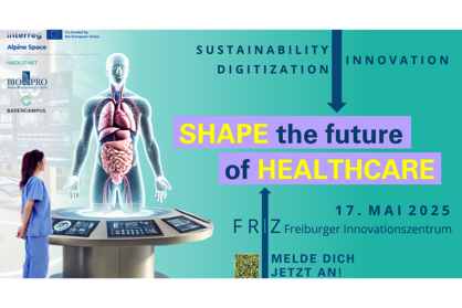 Key Visual zum HACK-ITathon “SHAPE the future of HEALTHCARE” von BIOPRO Baden-Württemberg GmbH und BadenCampus am 17. Mai 2025.