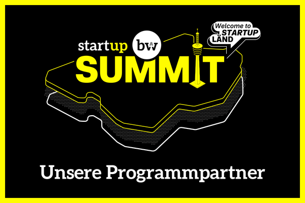 Schwarze Grafik mit Text "Unsere Programmpartner". In der Mitte ist das Logo für die Veranstaltung Start-up BW Summit platziert.