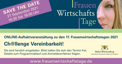 Einladungsflyer Save the date für die Auftaktveranstaltung für die Frauenwirtschaftstage am 27.09.2021.