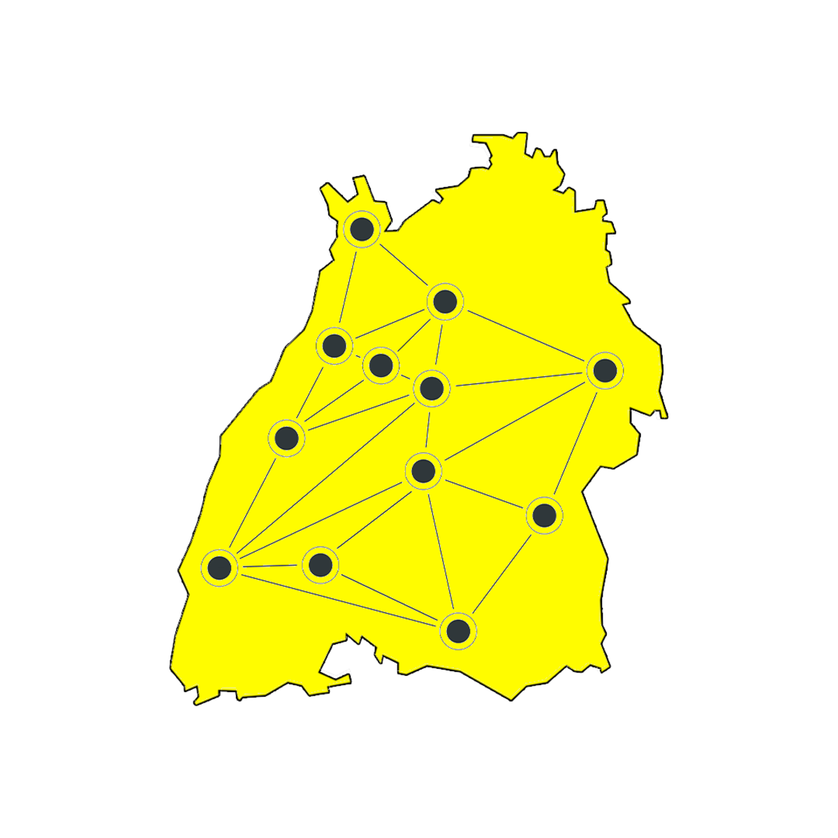 Ausgestanzte Landeskarte von Baden-Württemberg. Punkte und verbundene Linien bilden die zwölf Start-up-Ökosysteme in THE Start-up LÄND ab.