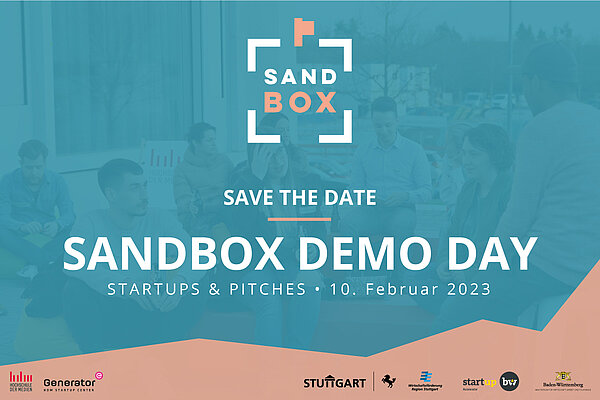 Flyer Sandbox Demo Day am 10. Februar 2023 mit Logo des Accelerators. Text: Save the Date, Sandbox Demo Day, Startups & Pitches, 10. Februar 2023. Logos: Hochschule der Medien Stuttgart, Generator HDM Startup Center, Stadt Stuttgart, Wirtschaftsförderung Region Stuttgart, Start-up BW, Wirtschaftsministerium Baden-Württemberg 