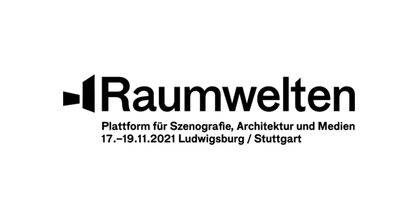 Bildmarke Raumwelten. Text: Plattform für Szenografie, Architektur und Medien. 17.-19.11.2021 Ludwigsburg/Stuttgart.