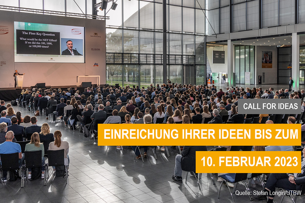 Foto von einem Vortrag auf dem KONGRESS BW 2022 mit Ideenaufruf für den 12. KONGRESS BW. Text: CALL FOR IDEAS, Einreichung Ihrer Ideen bis zum 10. Februar 2023. Bildquelle: Stefan Longin/UTBW 