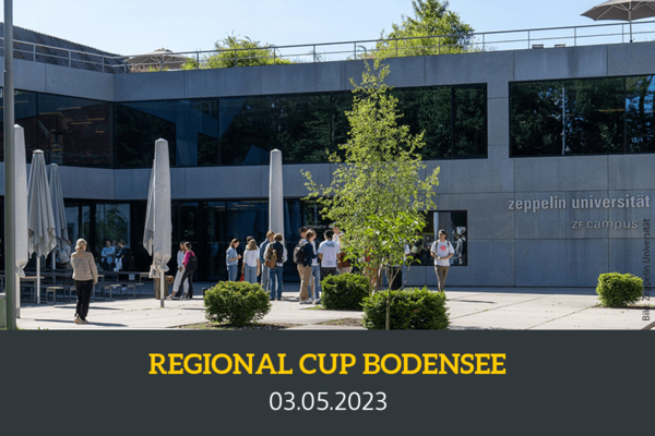 Außenaufnahme der Zeppelin Universität in Friedrichshafen. Text: Regional Cup Bodensee, 03.05.2023. Bildquelle: Zeppelin Universität.