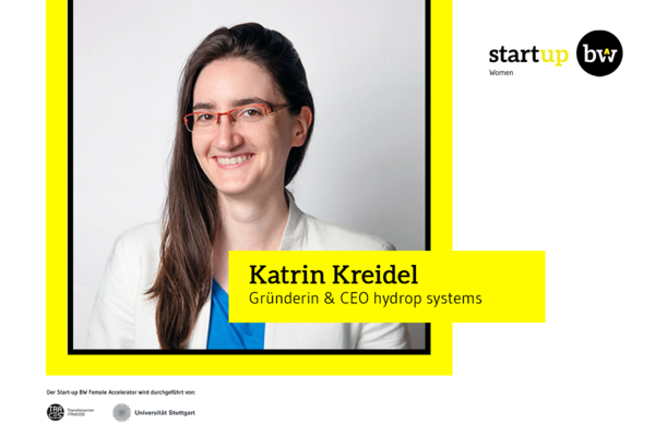 Gründerin Katrin Kreidel, CEO von hydrop systems. Logos: Start-up BW Women, TRACES, Universität Stuttgart