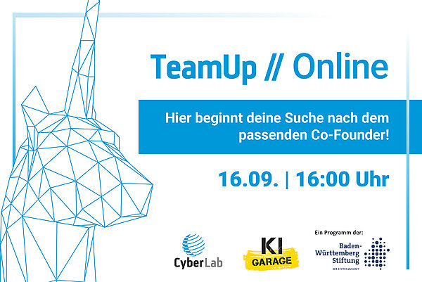 Einladungsflyer zum TeamUp-Event am 16.09.2021. Blaue Schrift auf weißem Hintergrund und Partnerlogos.