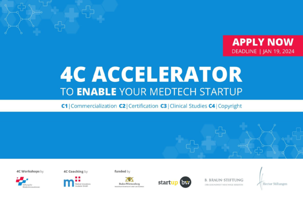 Flyer für den siebten Programmdurchlauf des 4C Accelerators. Text: 4C ACCELERATOR to enable your MedTech Startup. C1 Commercialization, C2 Certification, C3 Clinical Studies, C4 Copyright. Apply now. Deadline: 19. Januar 2024.