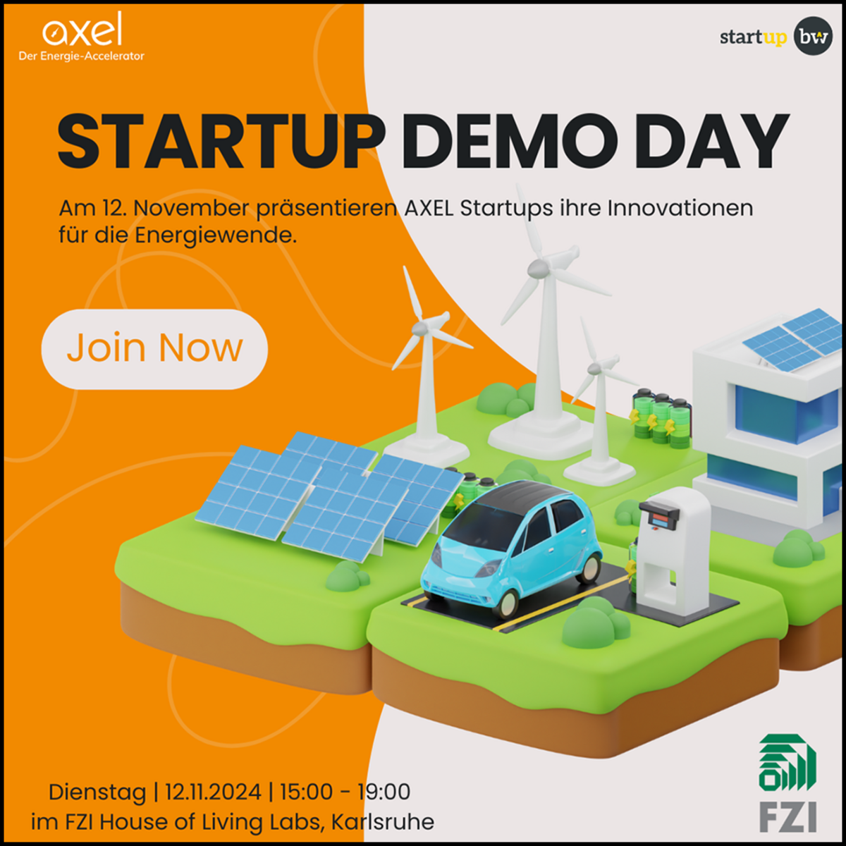 Veranstaltungshinweis für den AXEL Demo Day am 12. November 2024. Der Demo Day ist ein von AXEL - Der Energie-Accelerator durchgeführter Vorentscheid zum landesweiten Gründungswettbewerb Start-up BW Elevator Pitch.