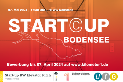 Key Visual zum START(C)UP Bodensee mit dem Text: 07. Mai 2024 | 17:30 Uhr | HTWG Konstanz . Bewerbung bis 7. April 2024 auf www.kilometer1.de. 
