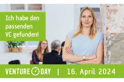Veranstaltungshinweis für den 16. Karlsruher Venture Day, ein Pitch Event für kapitalsuchende Start-ups am 16. April 2024.