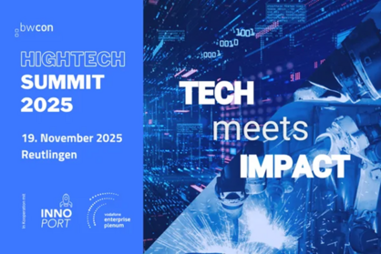 Key Visual Hightech Summit 2025 mit dem Text: Hightech Summit 2025, TECH meets IMPACT, 19. November 2025 Reutlingen. Bildrechte: bwcon GmbH.